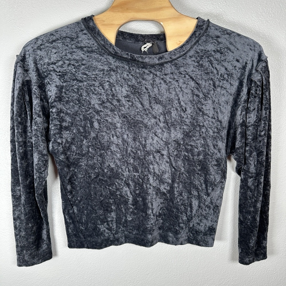 We The Free People Crushed Velvet Black Pullover Slouchy Sweatshirt Size Medium